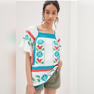 Anthropologie Seen Worn Kept Gauze  Embroidered Tunic Blouse White Blue Size 2